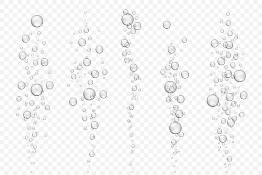 Vector set of underwater air bubble flow isolated on light background. Fizzing bubbles in aquarium, champagne or effervescent drink. 3d transparent realistic oxygen gas texture.