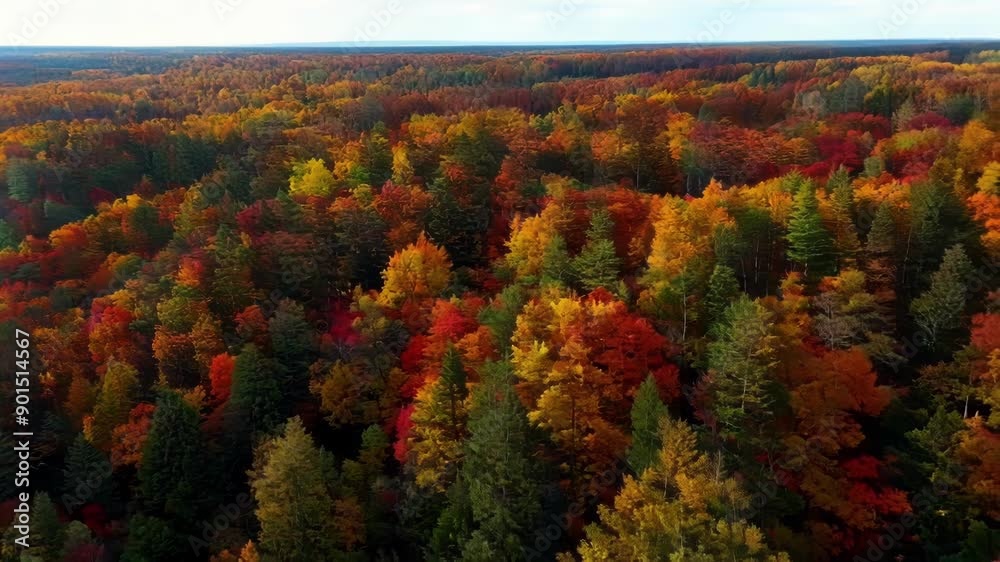 Poster From above the canopy of an autumn forest looks like a vibrant patchwork quilt with shades of red orange and yellow intermingling.