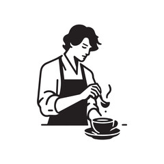 black-and-white vector illustration of a barista wearing an apron, preparing
a coffee drink