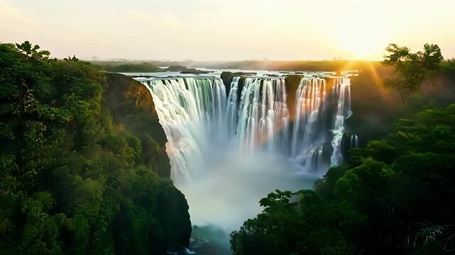 A cinematic journey through a tropical haven as the camera gradually reveals the breathtaking sight of multiple waterfalls at sunrise.