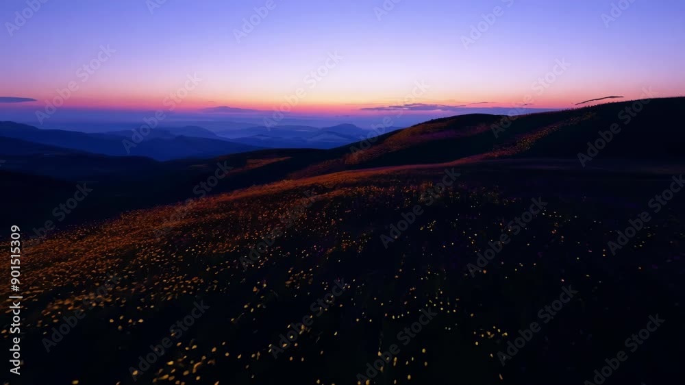 Poster A magical twilight flight over endless rolling hills of the alpine meadows where the wildflowers seem to glow in the dimming light.