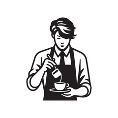 black-and-white vector illustration of a barista wearing an apron, preparing
a coffee drink