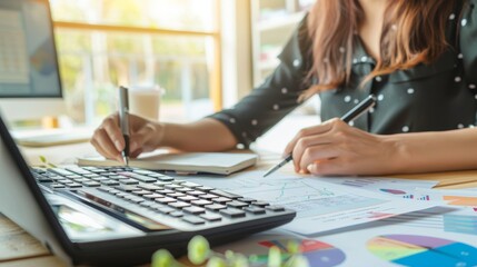 Woman accountant use calculator and computer with holding pen on