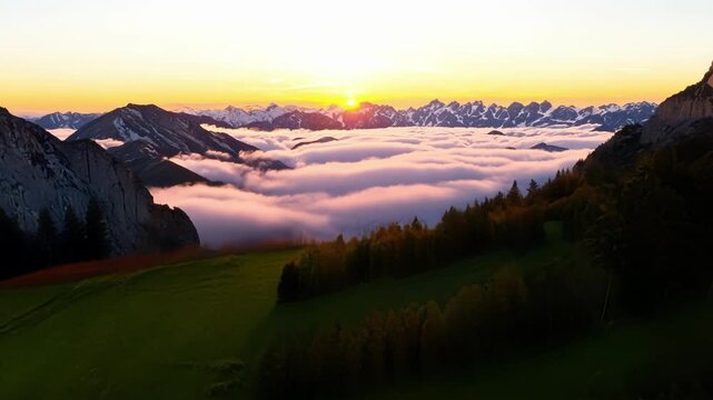 As the day comes to a close the alpine meadows transform into a dreamy landscape enticing aerial travelers with its beauty and serenity.