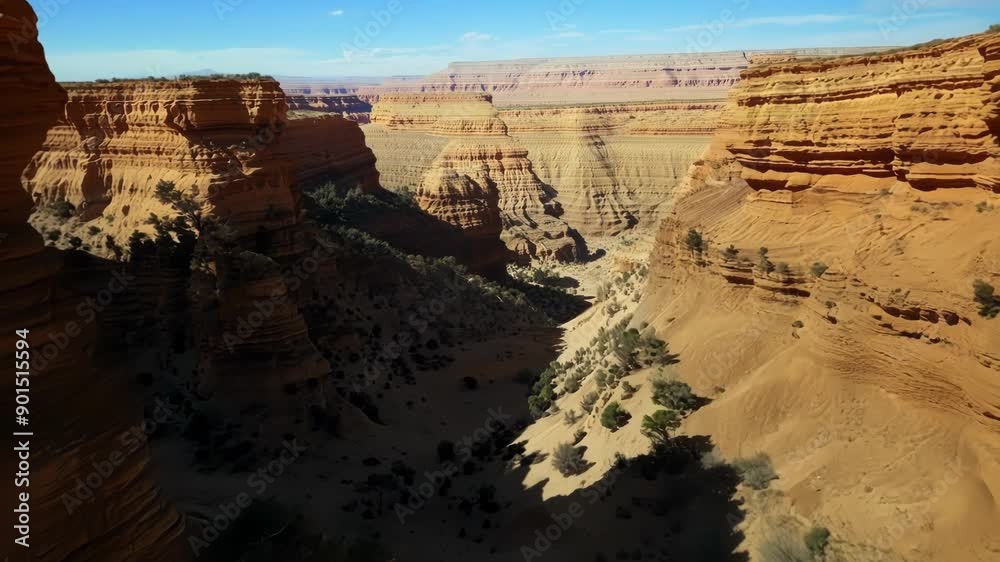 Poster Gliding over the rugged desert terrain with towering cliffs looming in the distance.