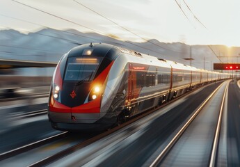 Fototapeta premium High-Speed Train Passing By Cars At Dusk