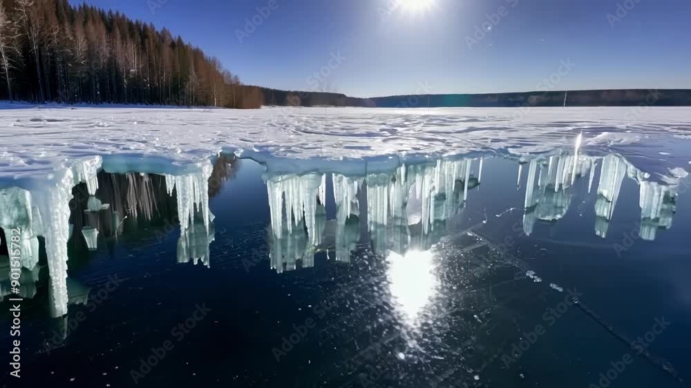 Poster The enchanting sight of a frozen lake with icicles hanging off its edges illuminated by the moons silver light.