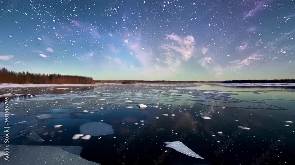 Poster A serene and mystical atmosphere as the lake freezes over creating a mystical aura under the starry sky.