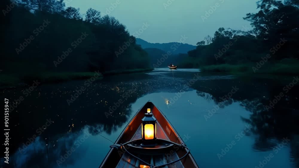 Poster A lone canoe drifts lazily down the river guided by the gentle current and the soft glow of lanterns.