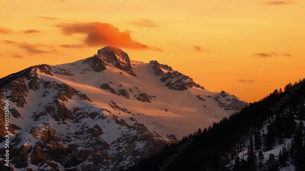 Poster As the sky turns a deep shade of orange the snowcovered peaks bask in its warm glow.