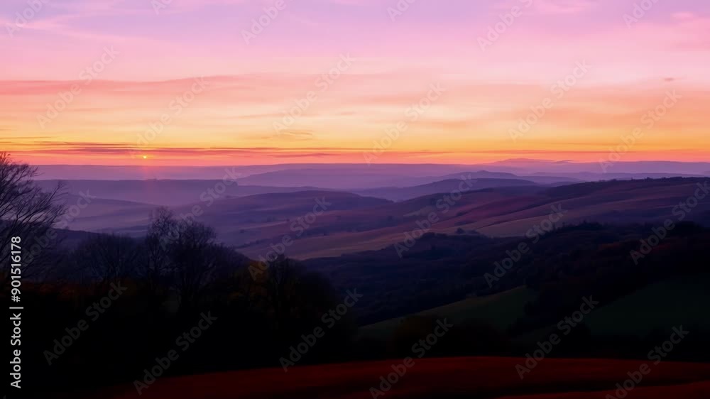 Poster As the sun sets the hills become a canvas of fiery reds oranges and yellows creating a stunning autumn sunset.
