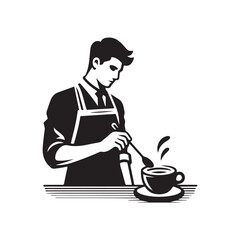 black-and-white vector illustration of a barista wearing an apron, preparing
a coffee drink