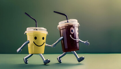 Smiling Lemonade and Soda Walking Together on Green Background