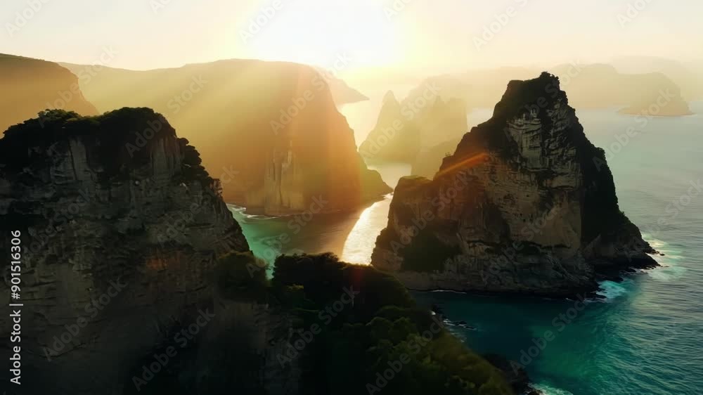 Poster flying through a rugged landscape of rocky islands the golden hues of the setting sun adding a magic
