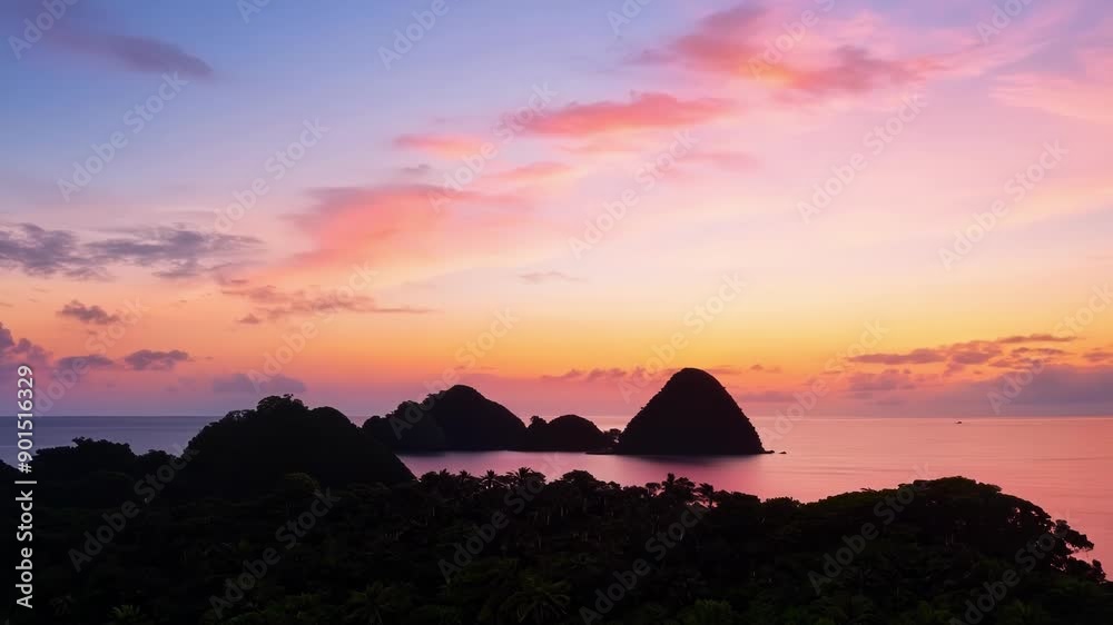 Poster observing the changing colors of the sky as the islands are bathed in soft hues of orange and pink s