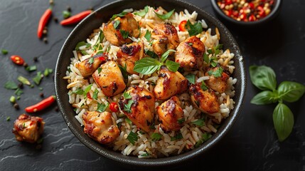 Plate of teriyaki chicken with rice, Sweet and sour chicken with rice, A delicious top view of a chicken and rice dish, featuring tender, juicy chicken pieces atop a bed of fragrant rice.