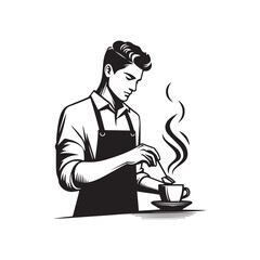 black-and-white vector illustration of a barista wearing an apron, preparing
a coffee drink