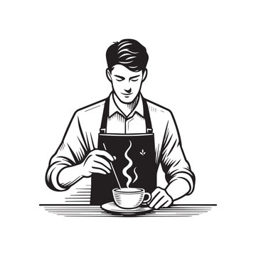 barista stirring coffee black and white clip art preview