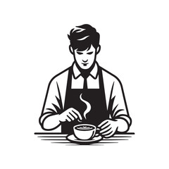 black-and-white vector illustration of a barista wearing an apron, preparing
a coffee drink