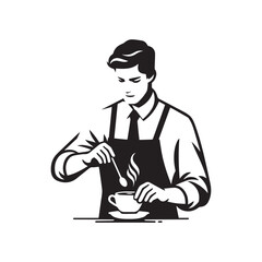 black-and-white vector illustration of a barista wearing an apron, preparing
a coffee drink