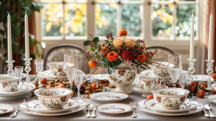 Fototapeta premium thanksgiving table decor, elevate thanksgiving with a stylish table setting including fancy china, fall centerpieces, and a customizable banner for your holiday message
