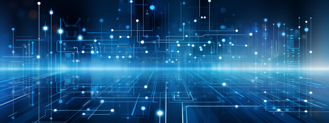 Obraz premium Dark Blue Circuit Network Background With Glowing Nodes And Cityscape