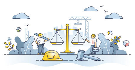 Labor law as worker legal regulation to protect job rights outline concept, transparent background. Construction site with gavel as profession employment justice care illustration.