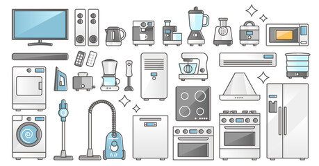 Home appliances set and domestic electronics and machines outline concept, transparent background. Equipment elements for kitchen cooking, vacuum cleaning or laundry washing illustration.