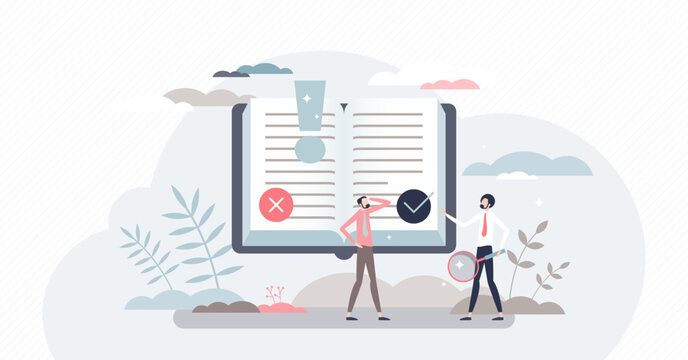 Fact research and fake news analysis to check information truth tiny person concept, transparent background.Myth, propaganda recognition from quality and accurate media illustration.