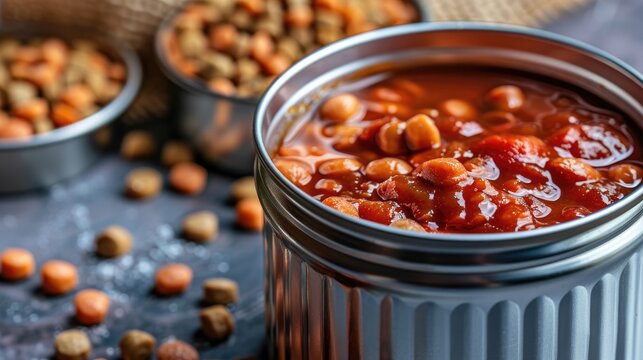 Canned pet food in bowl with dry kibbles