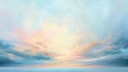 A serene sky at dawn, with soft pastel colors and a hint of sunlight breaking through the horizon. The peaceful scene captures the quiet beauty of a new day beginning.