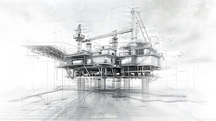 Obraz premium Conceptual Design of an Offshore Oil Rig with Technical Blueprint Elements