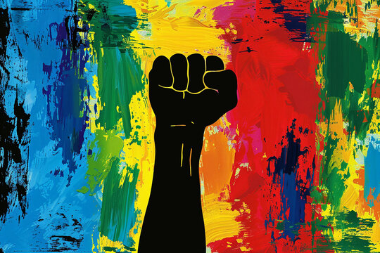 Male fist illustration on a color background. International Day. Concept banner for the presentation of the fight for your rights, justice and equality with space for text