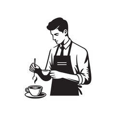 black-and-white vector illustration of a barista wearing an apron, preparing
a coffee drink