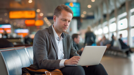 Modern Mobile Office: Businessman Working on Laptop in Airport Terminal, Waiting for Flight