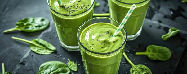 Three glasses of fresh green smoothies made with spinach and other healthy ingredients, showcasing a healthy and vibrant lifestyle.