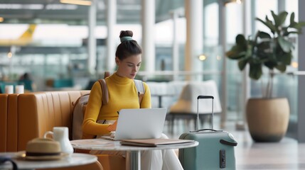 Modern Business Traveler: Young Woman Working on Laptop at Airport Cafe with Luggage - Blending Work and Travel Lifestyle