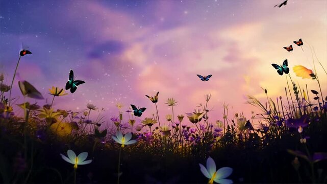 Sunset over a meadow with a silhouette of a butterfly and bir