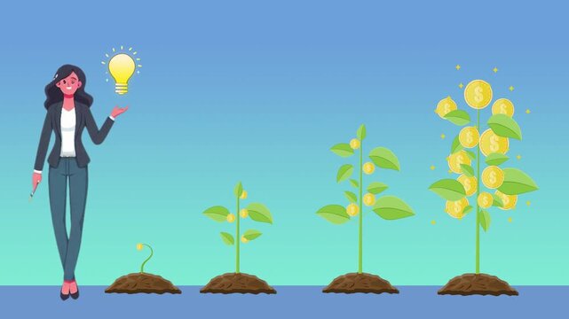 Animation of a businesswoman cultivating ideas represented by light bulbs into profitable growth, symbolized by plants sprouting money.