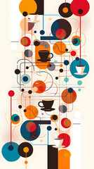 Obraz premium Colorful abstract composition featuring coffee cups and geometric shapes, creating a modern artistic vibe