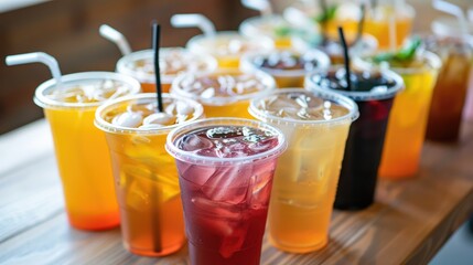 A variety of takeaway drink options, including iced coffee, tea, and juices, in transparent cups with straws. The drinks are colorful and refreshing, appealing to a wide range of tastes.
