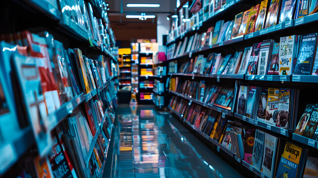 A vibrant bookstore aisle filled with colorful magazines and books, showcasing organized shelves and a reflective floor