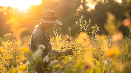 A person enjoys tending to flowers in a sunlit field, capturing the essence of nature and the...