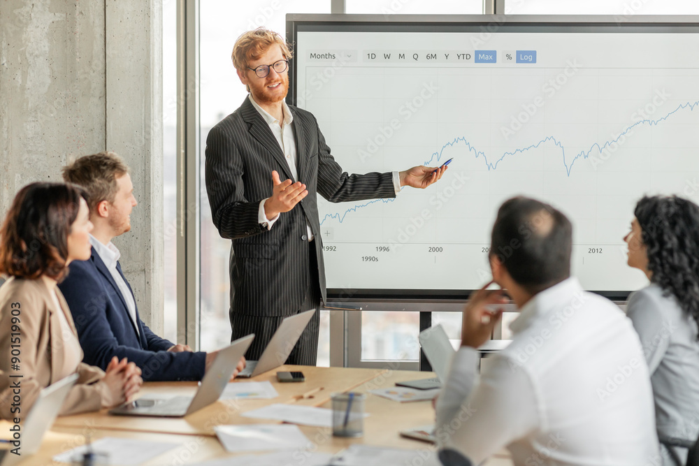 Poster A businessman in a suit stands in front of a large screen displaying a financial chart, presenting information to his team. They are seated around a table with laptops and papers