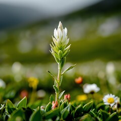 Obraz premium Seedling with delicate flowers in a spring meadow, Seedling, Beauty, natural cycle