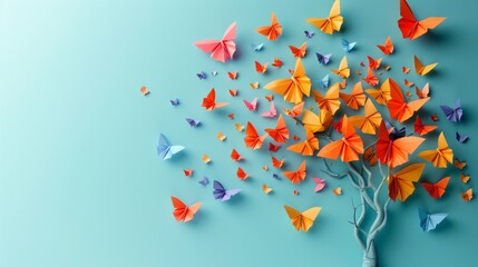 mental health awareness tree, delicately crafted paper butterflies fluttering around a tree of mental health awareness, echoing tanabata festival decorations, against a serene backdrop symbolizing
