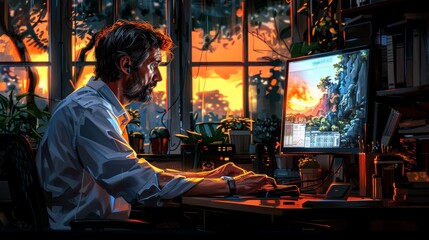 Obraz premium Creative Professional Working Late at Home Office With Sunset View Outside. Generative AI