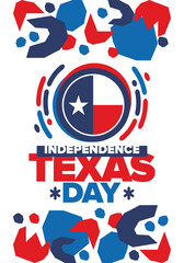 Texas Independence Day. Texas flag. Lone star flag. Freedom holiday in Unites States, celebrated annual in March. Patriotic vector poster. Creative illustration