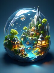 globe like art of a small village in the mountains