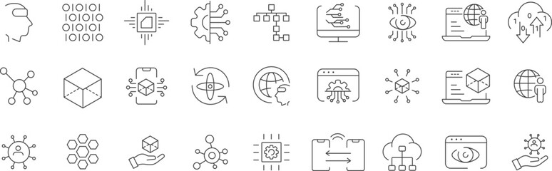 Artificial Intelligence icons. Human head with AI chip, technological brain. AI technology and possibilities, machine learning. Flat design in white and black colors. Vector illustration